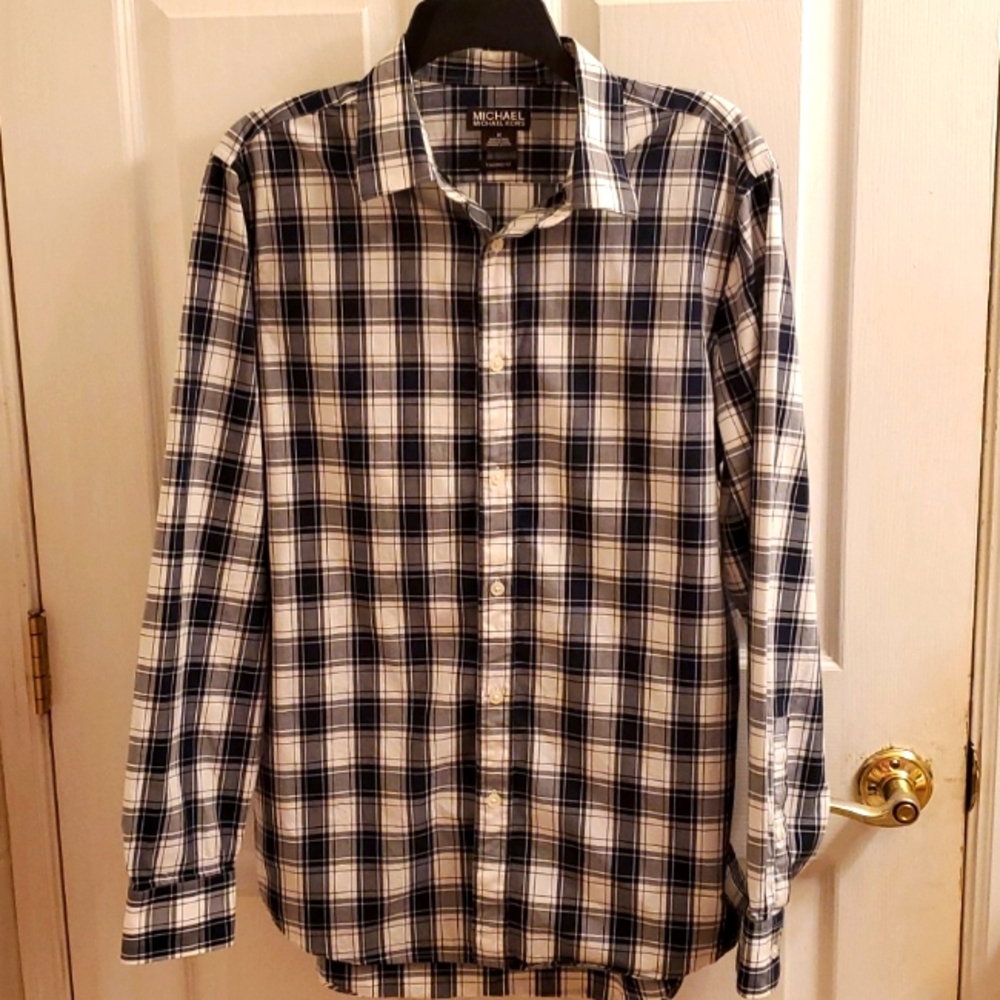 Michael Kors Mens long sleeve black and white plaid button down shirt Size M